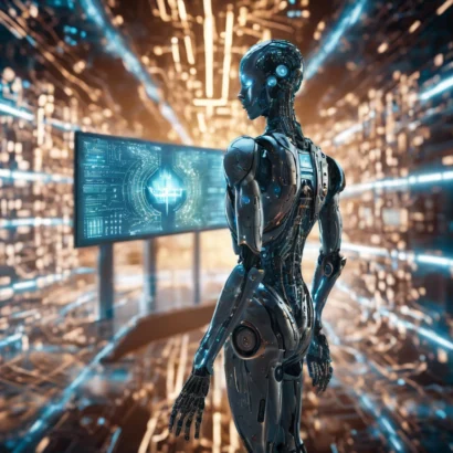 An AI humanoid in a futuristic holographic scene with a screen beinbg manipulated through nueral technology